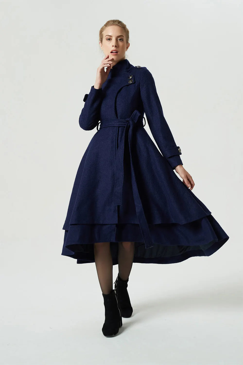 Vintage Wool Coat for Women – Handmade Navy Asymmetrical Belted Long Winter Coat 