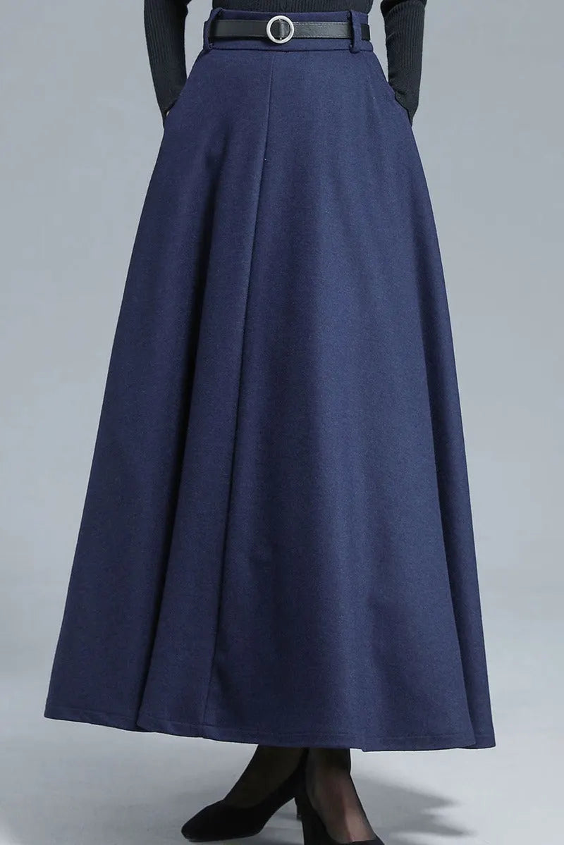 Navy Wool Maxi Skirt - High Waist, Elastic Back 3140