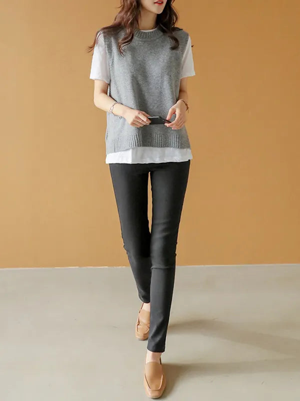 Simple Sleeveless Loose Buttoned Solid Color Round-Neck Sweater Vest Outerwear