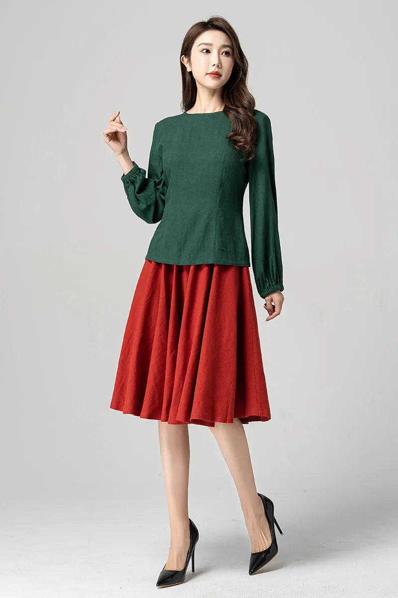 Green Linen Blouse - Lantern Sleeve Relaxed Fit 4183