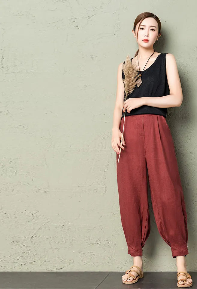 Rust Red Linen Cotton Wide Leg Pants - Back Elastic Waist Comfort 2607