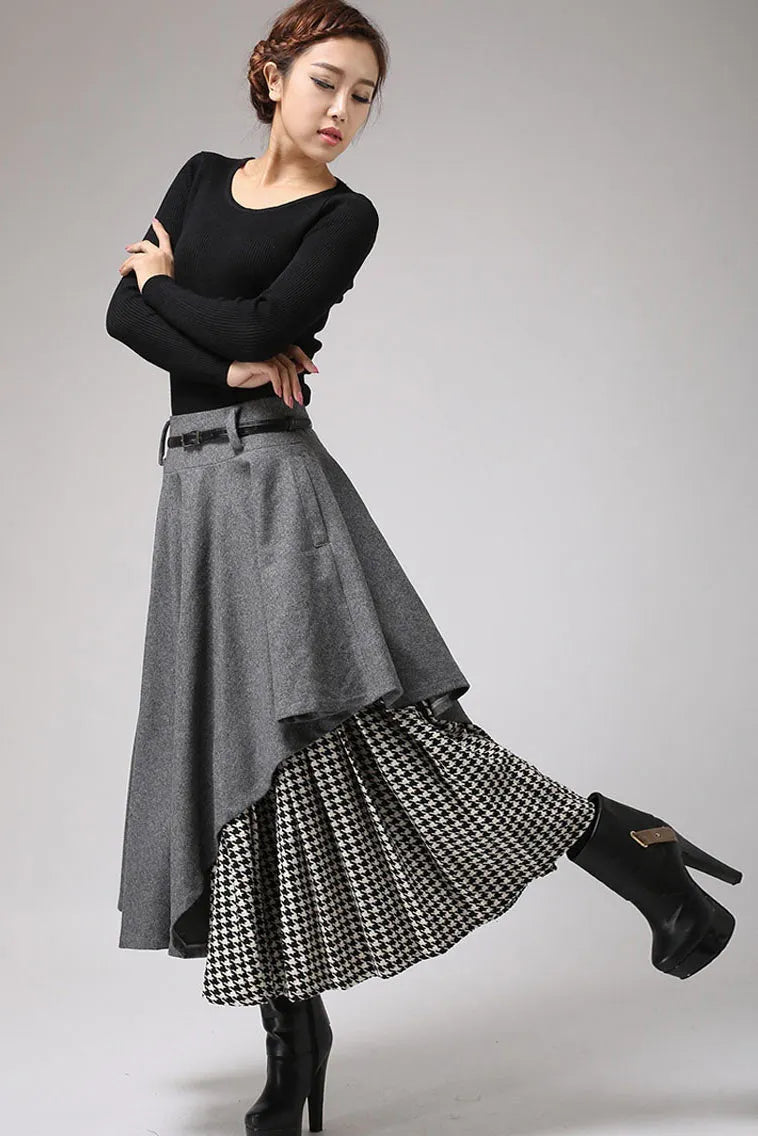 Grey Wool Midi Skirt - Houndstooth Panel & Belted Waist 720