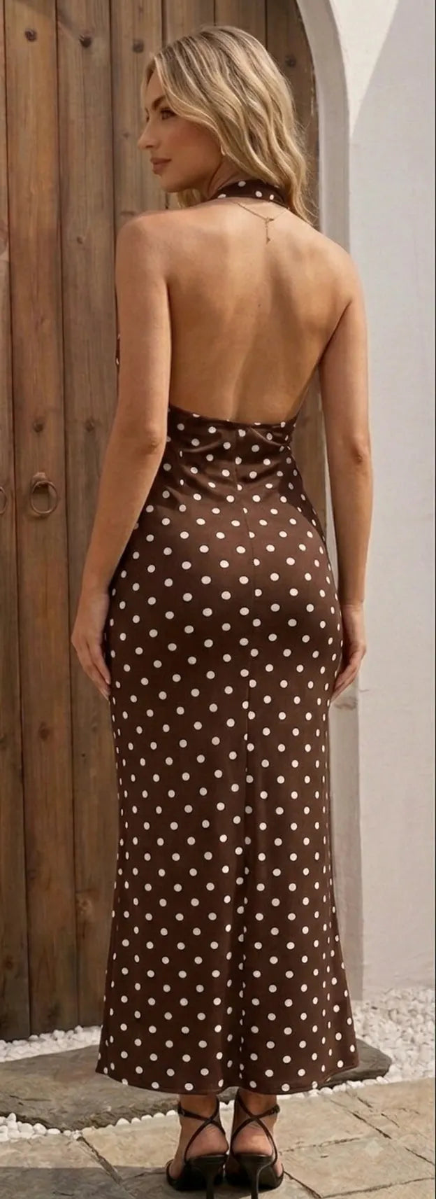 Halter Neck Backless Polka Dot Maxi Dress