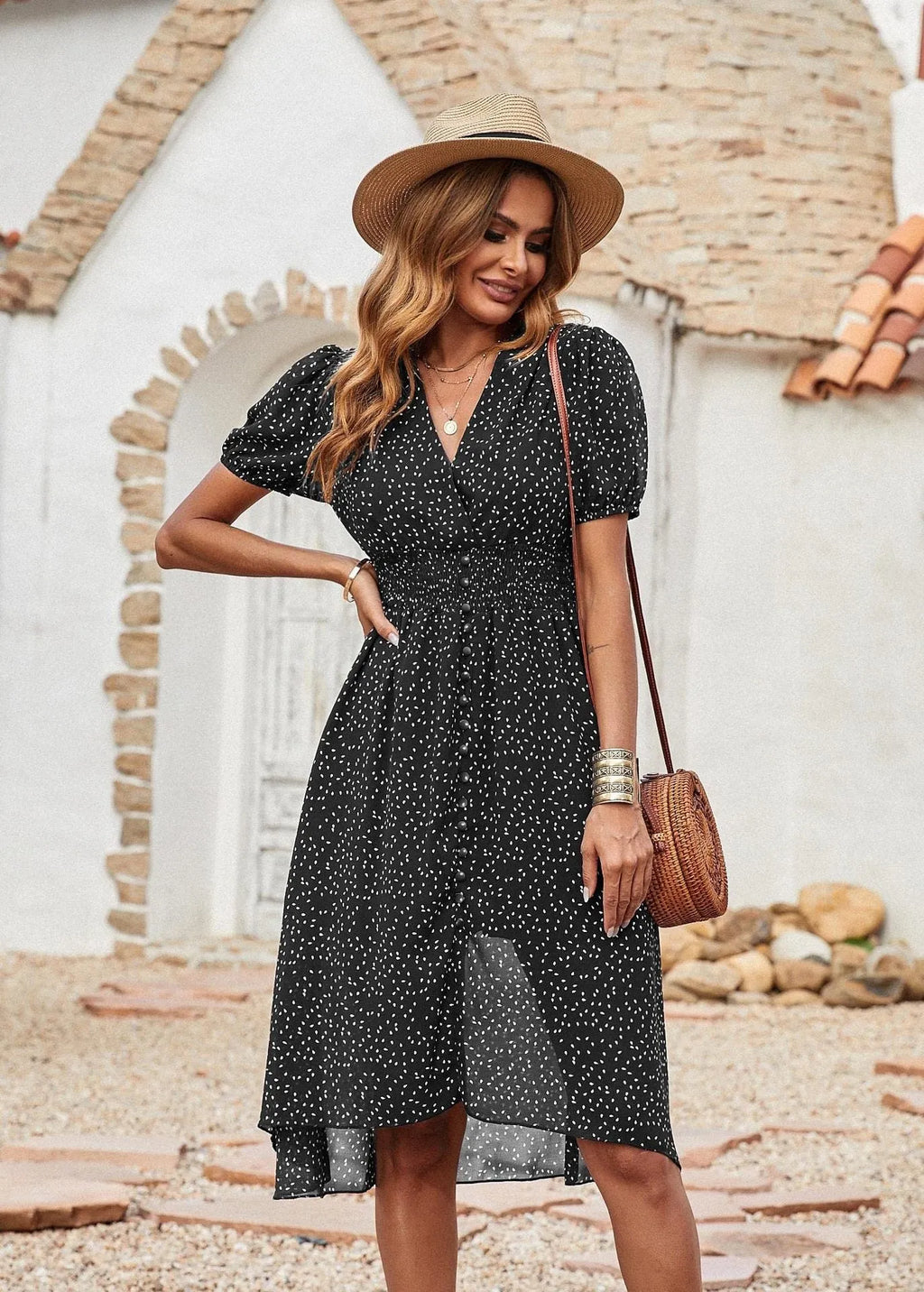 Larkspur Pocketed Button Down Ruffle Maxi Dress - Black