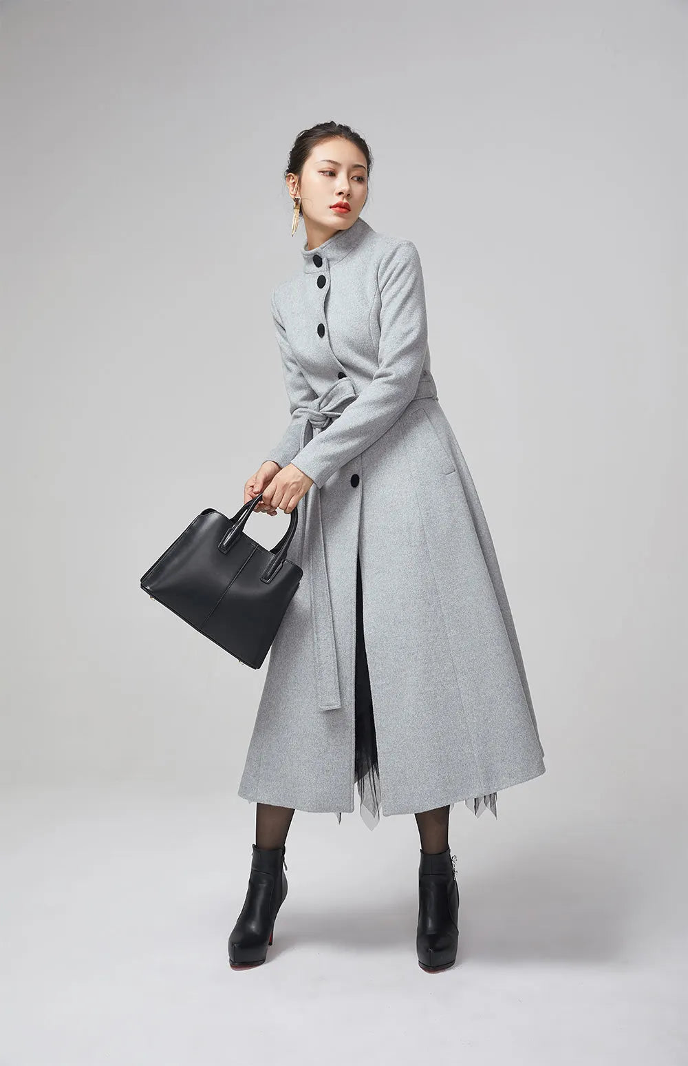 Light Grey Wool Coat – Women’s Vintage Stand Collar Winter Midi Coat with Belt 2205