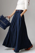 Handmade Navy Blue Linen Maxi Skirt – High Waist with Pockets 1046