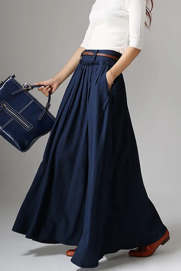 Handmade Navy Blue Linen Maxi Skirt – High Waist with Pockets 1046
