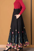 Black Wool Maxi Skirt - Embroidered A-Line with Elastic Waist 4768
