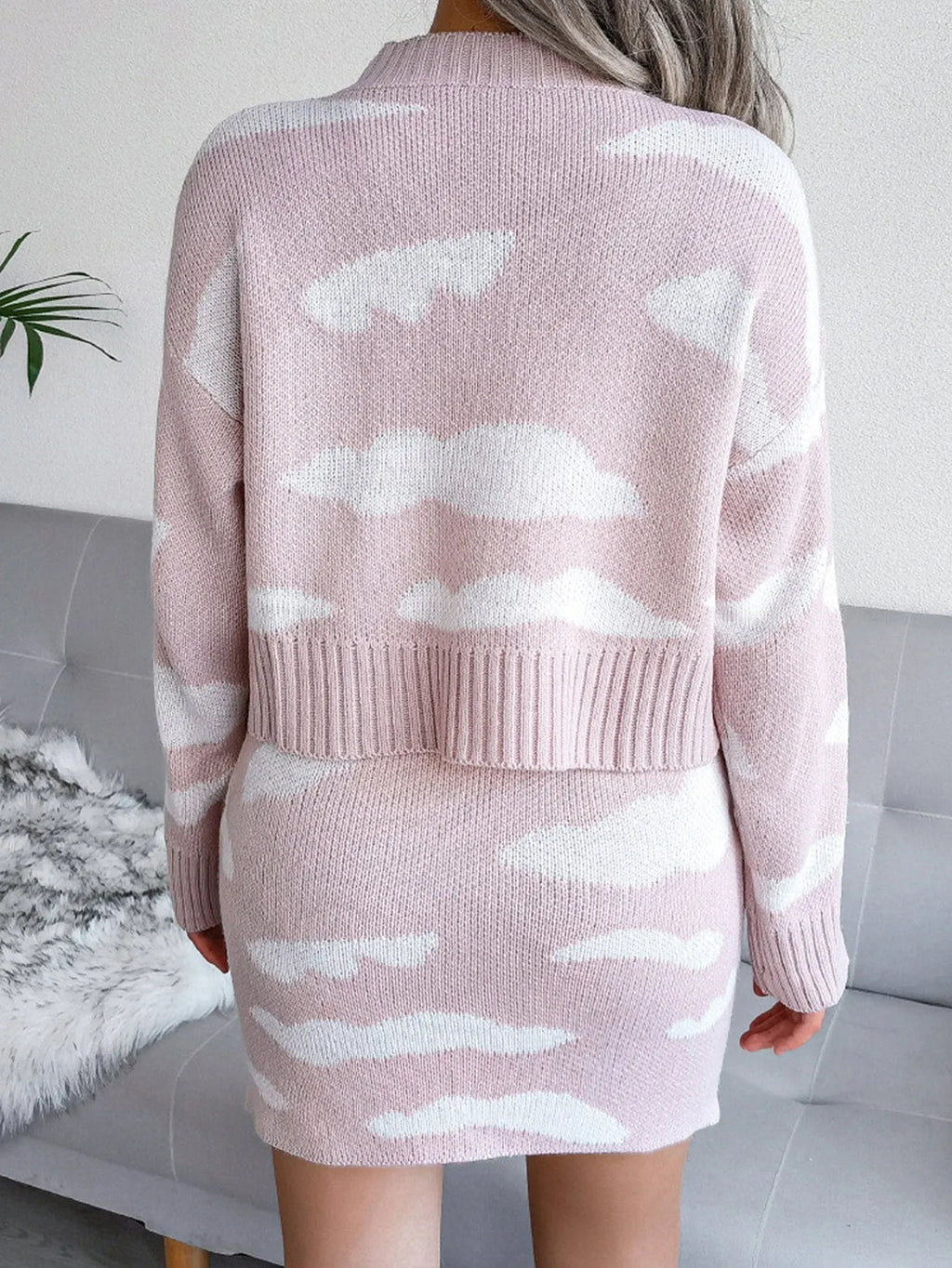 KittenAlarm - Clouds Pattern Drop Shoulder Sweater & Skirt
