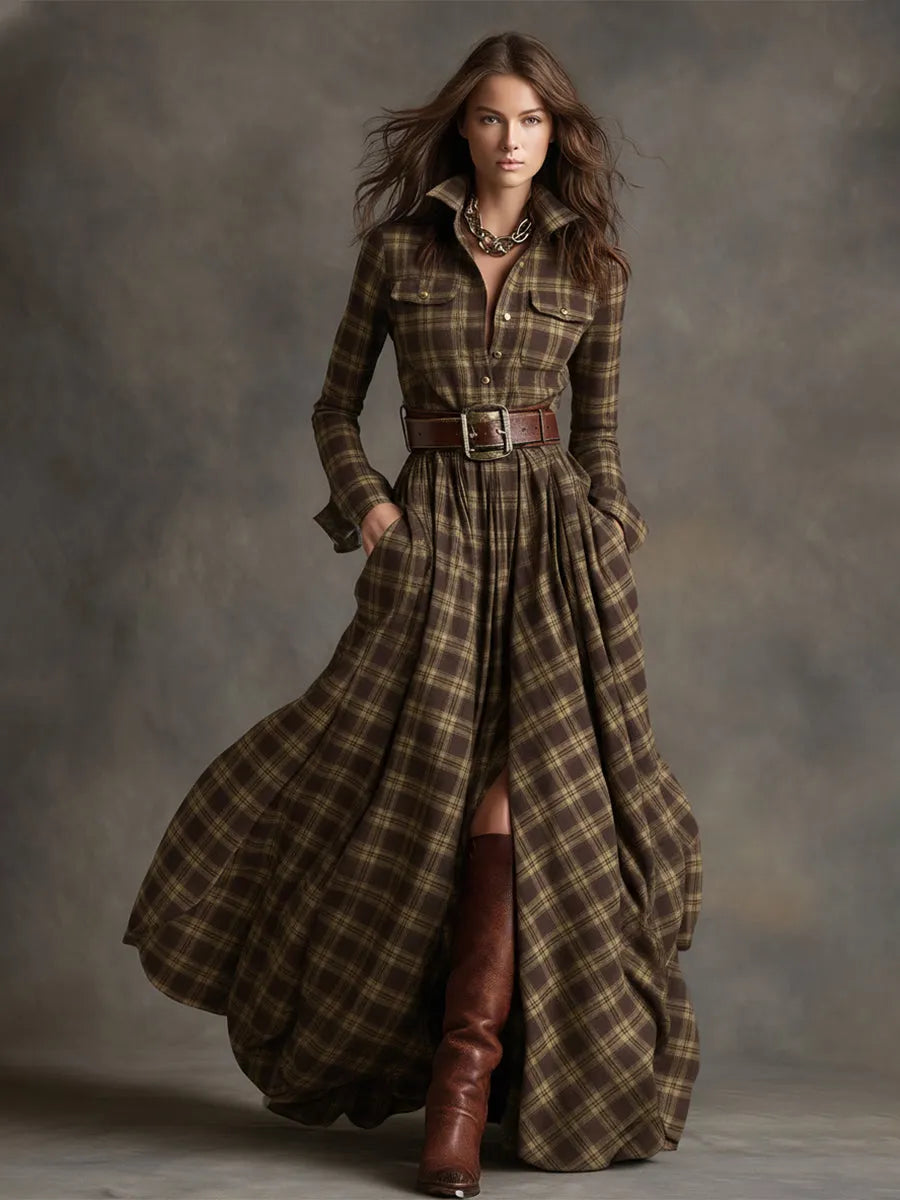 Retro Ethnic Style Lapel Reddish Brown Plaid Maxi Dress