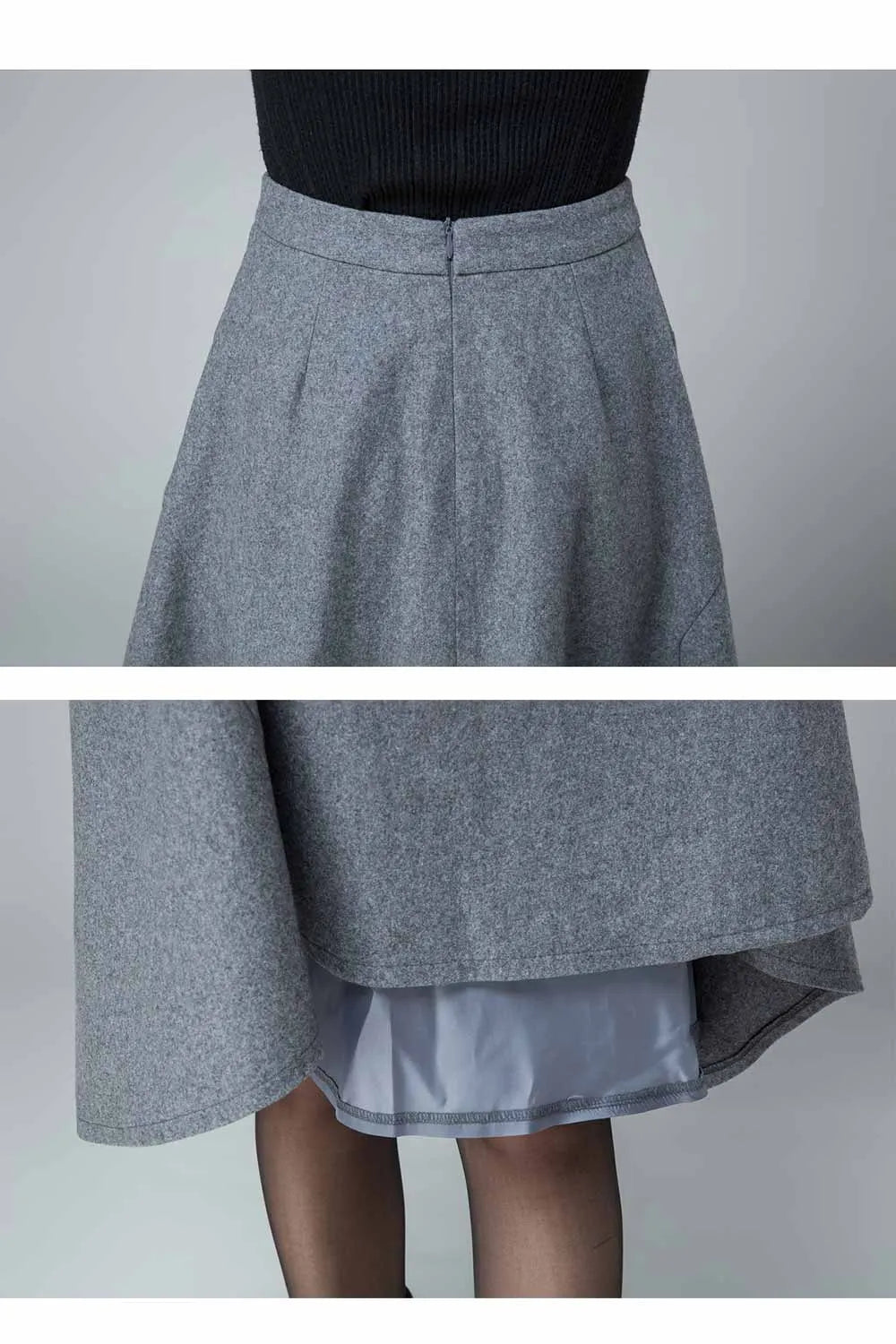 Gray Wool A-Line Skirt - Seam Detail Banded Waist 