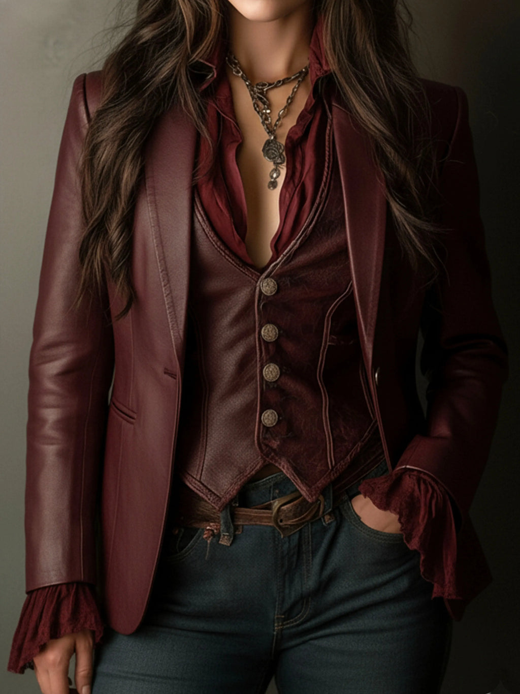 Vintage Burgundy Eco Leather Blazer