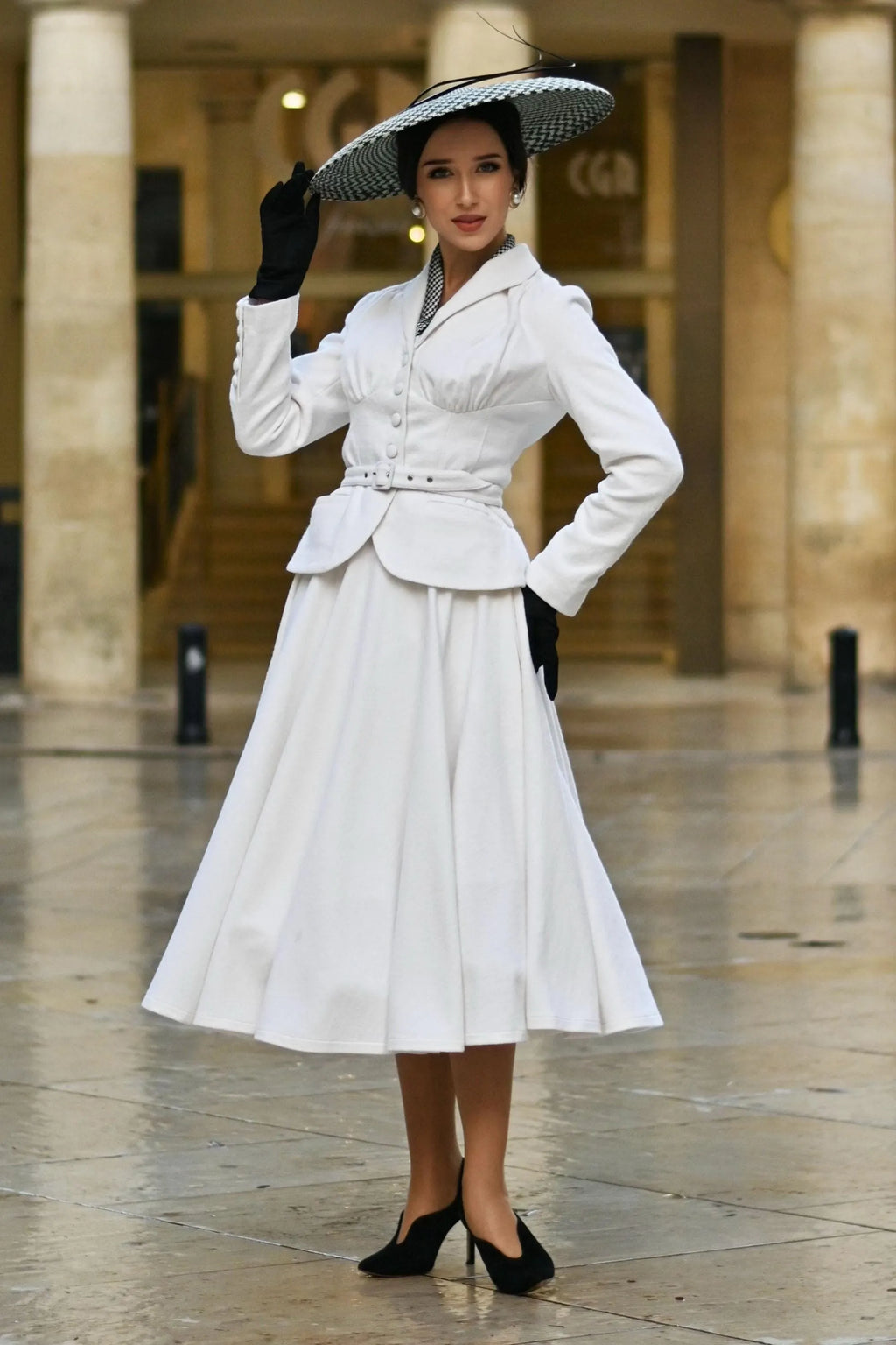 White Wool Blend Skirt Set - A-line Midi 