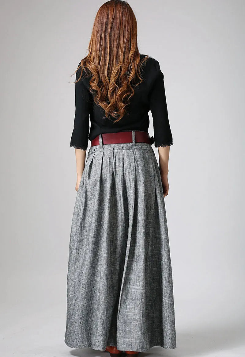 Handmade Gray Linen Maxi Skirt – High Waist Pleated with Pockets 0911