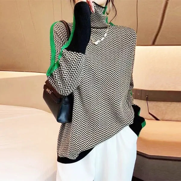 JANELLE – HERRINGBONE HIGH-NECK SWEATER