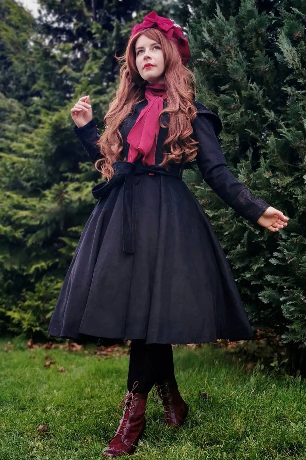 Black Wool Blend Swing Coat - Hooded Lace Trim 