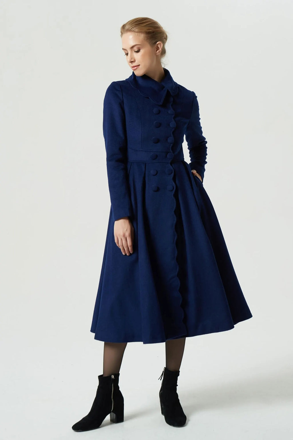 Handmade Navy Wool Coat – Vintage Princess Winter Maxi Overcoat 1971