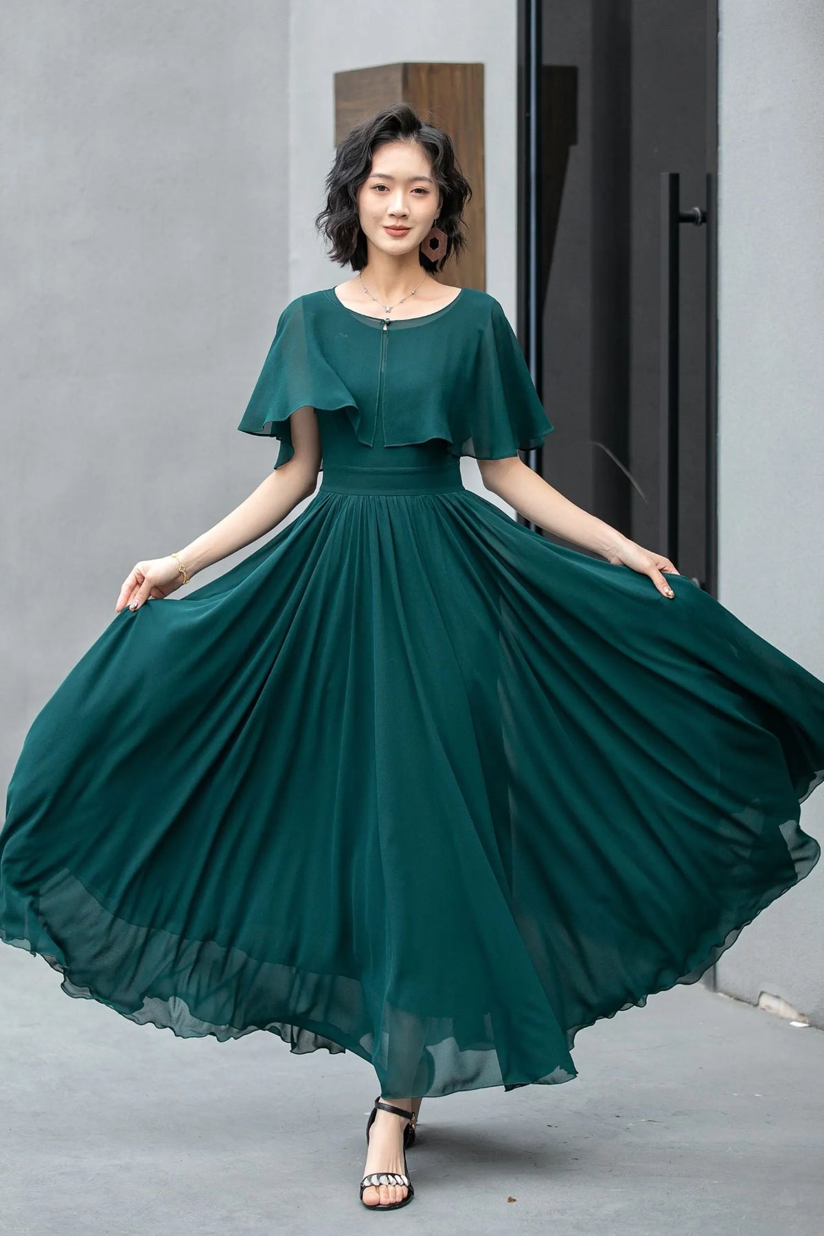 Emerald Green Chiffon Maxi Dress - Fit and Flare with Removable Cape 5861