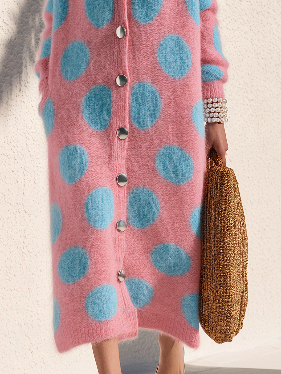 Retro-chic V-neck Polka Dots Mid-length Mohair Cardigan