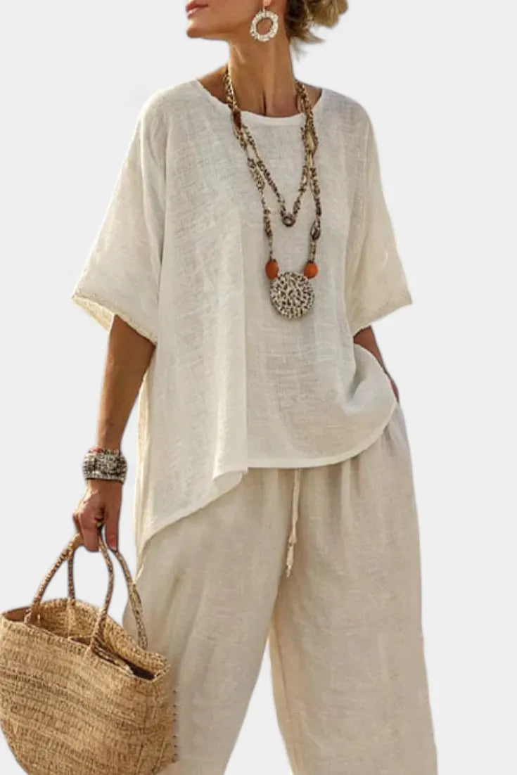 Drevon | Comfortable Minimalist Raw Blouse & Wide-Leg Pants
