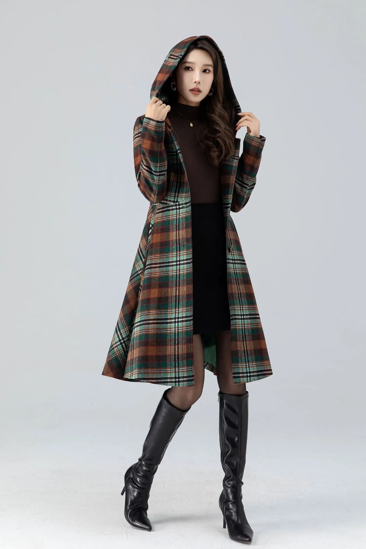 Plaid Wool Coat Midi Dress - Hooded Fit and Flare Winter Outerwear 4784