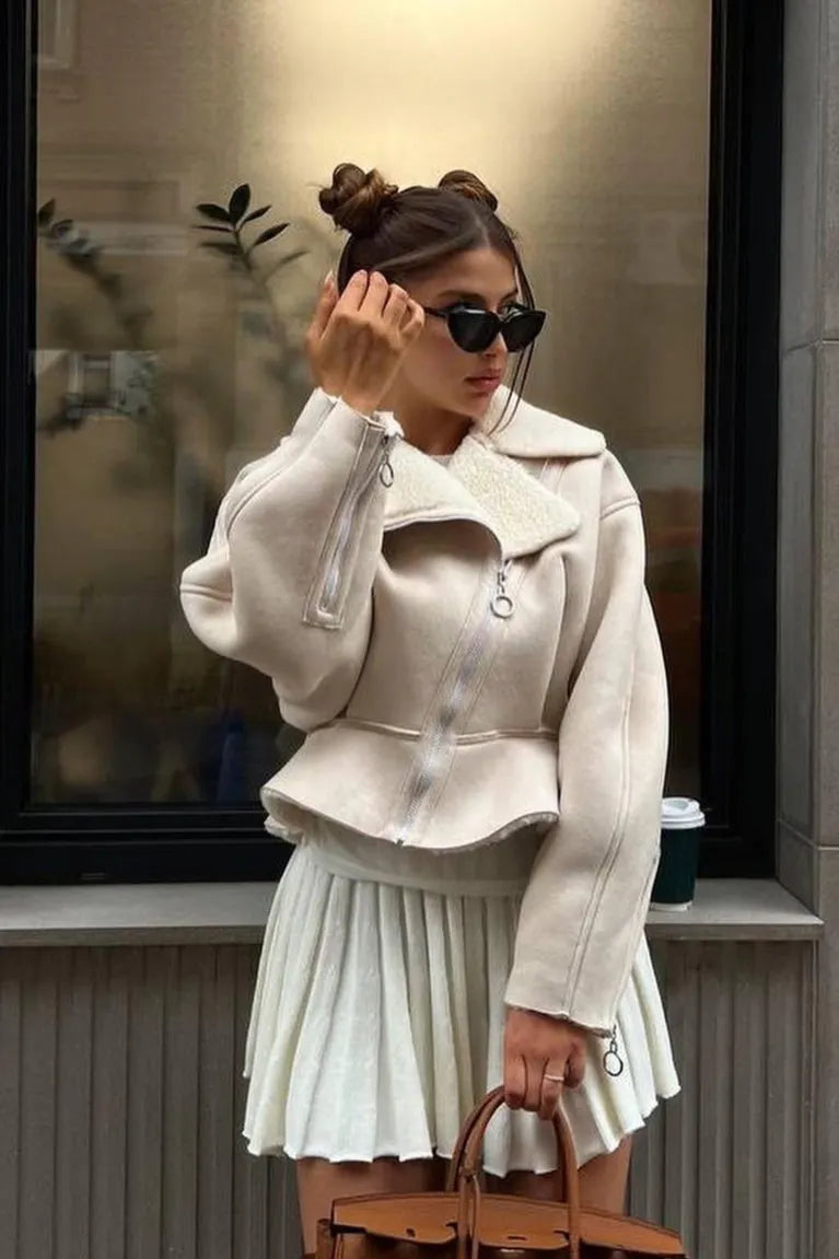 Chic Odd Zip Leather Fur Pieced Coat