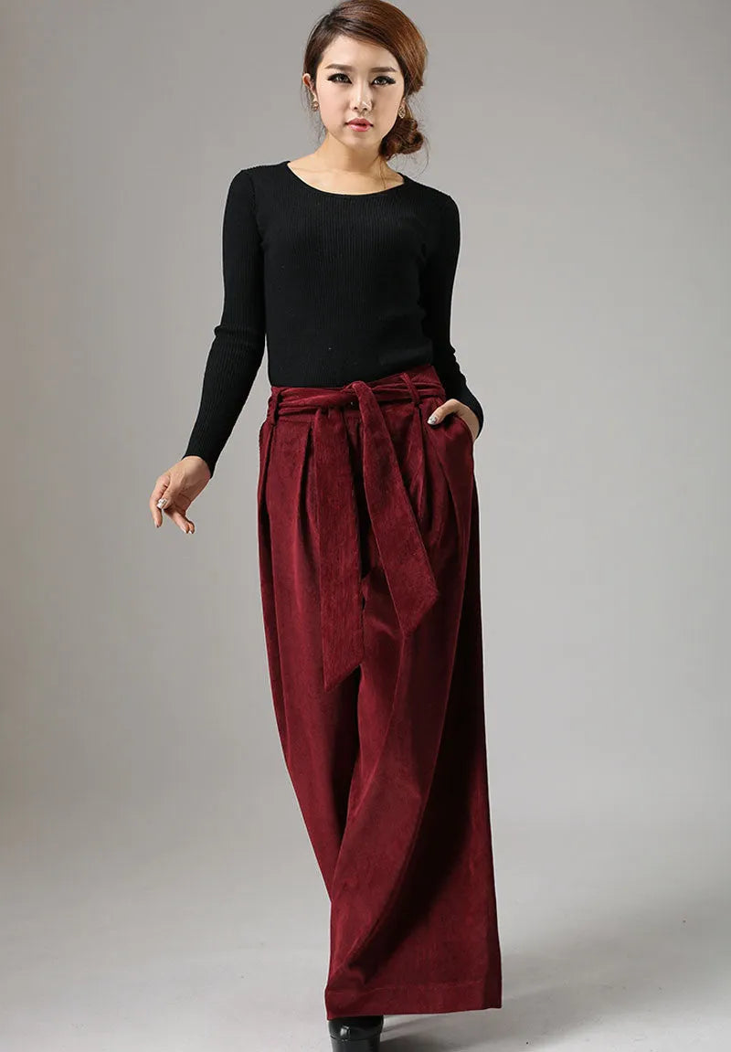 Red Cotton Corduroy Palazzo Pants - Wide Leg Ankle 