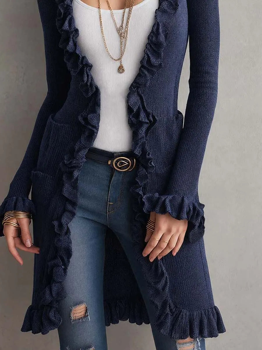 Ruffled Mid-length Knit Cardigan