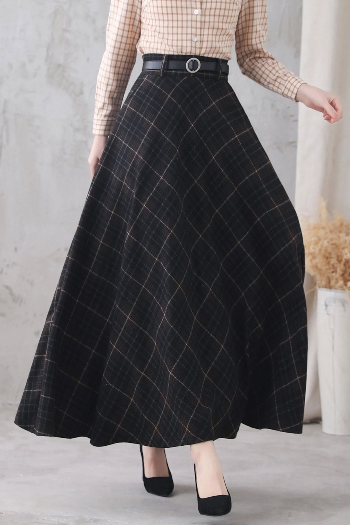 Plaid Wool Blend Maxi Skirt – Handmade High Waist Flared Winter Elegance 3321