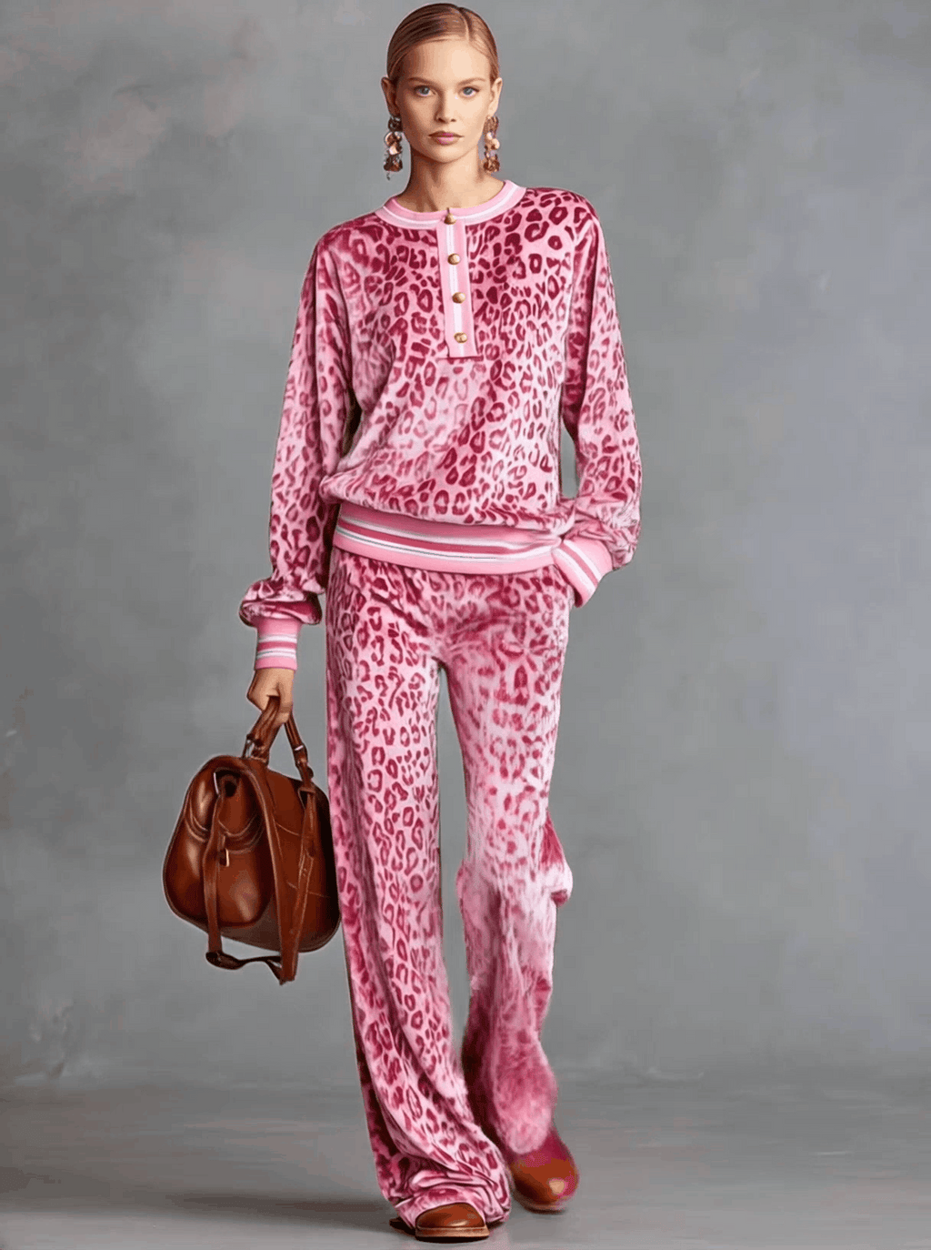 Casual Sporty Retro Pink Velvet Leopard Print Sweatshirt And Wide-Leg Pants Set