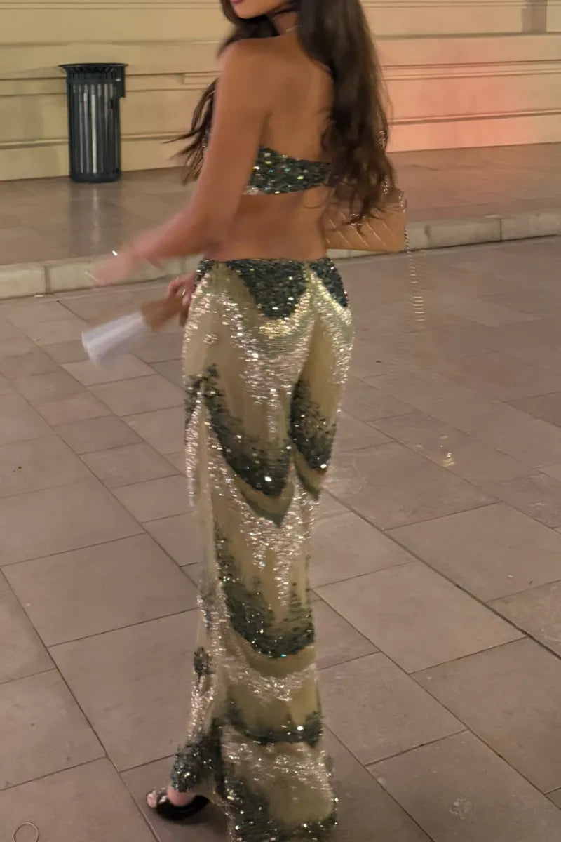  Sequin Tube Top & Flare Pants Two Piece Set