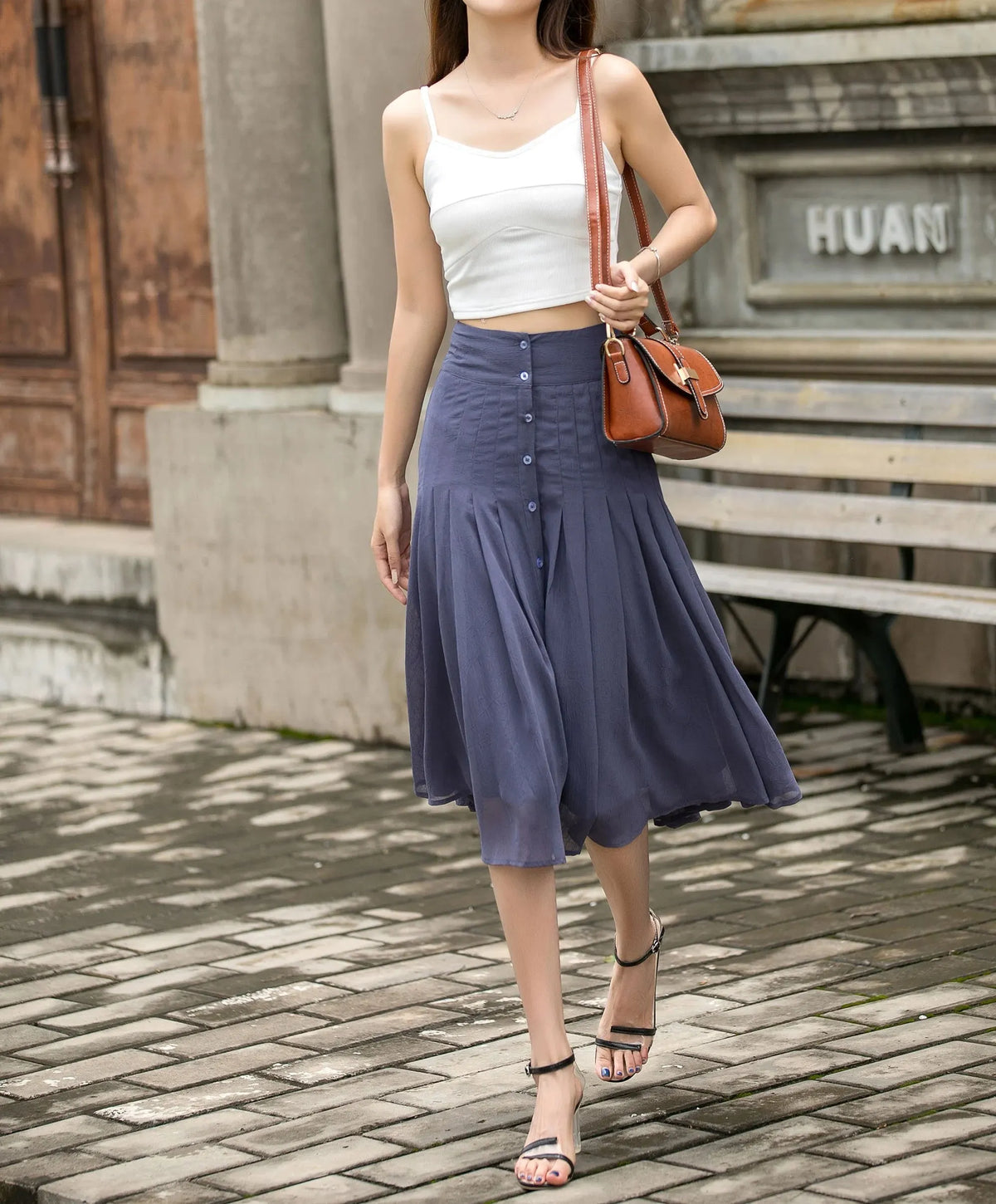 Blue Chiffon Midi Skirt - Pleated, Button Front, Flared Silhouette 3694