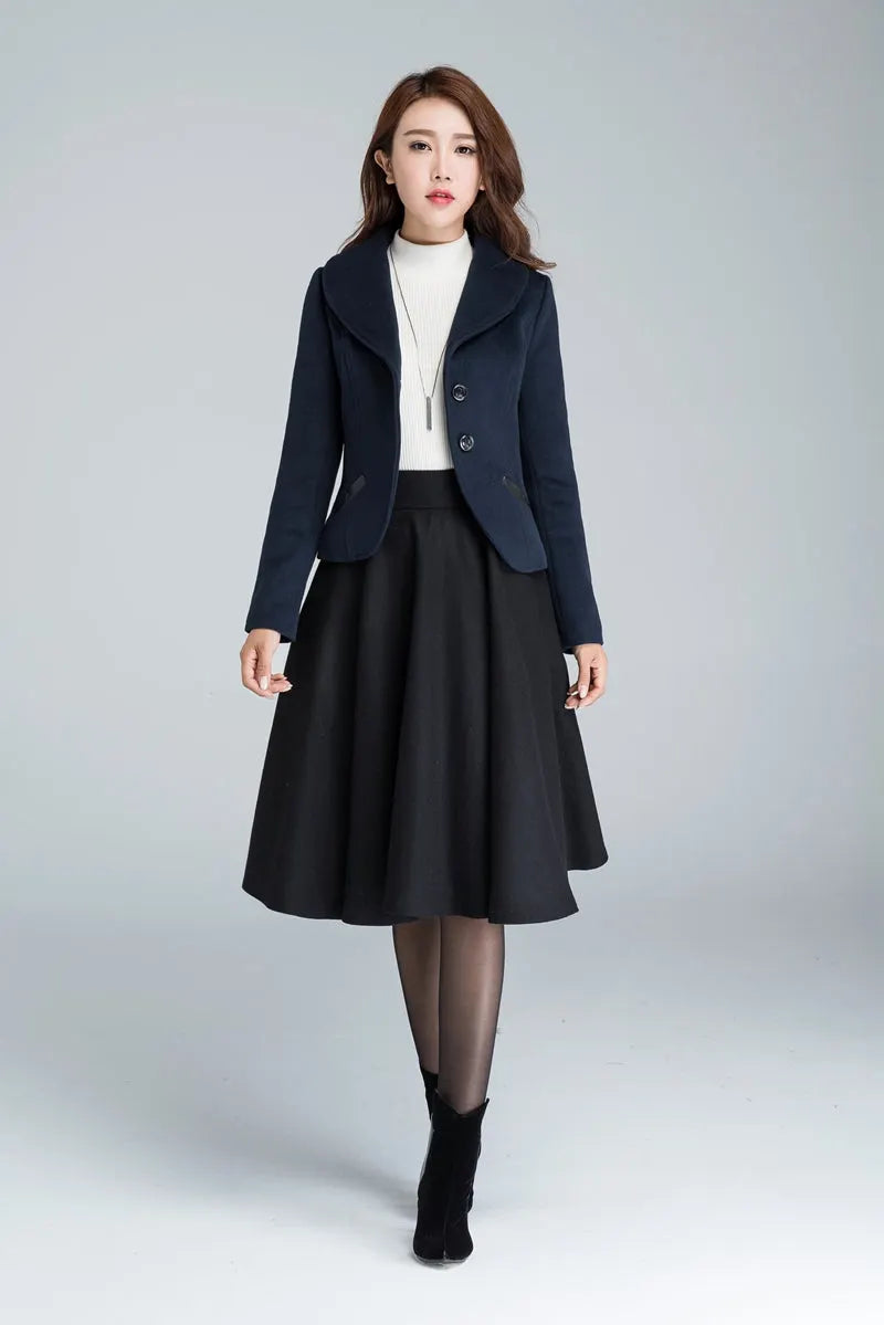 Dark Blue Wool Short Coat - Single Breasted Pockets 
