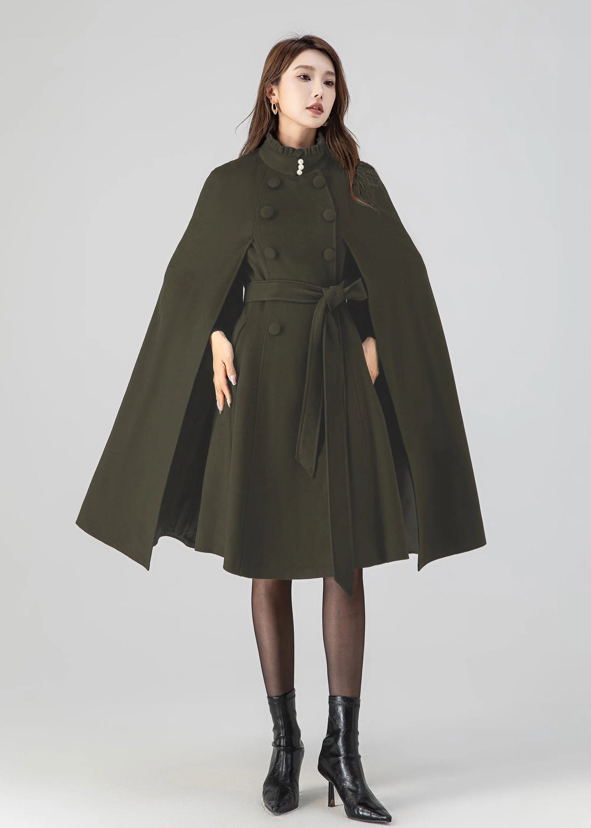 Army Green Wool Cape Coat – Women’s Vintage Stand Collar Cloak with Belt 5552