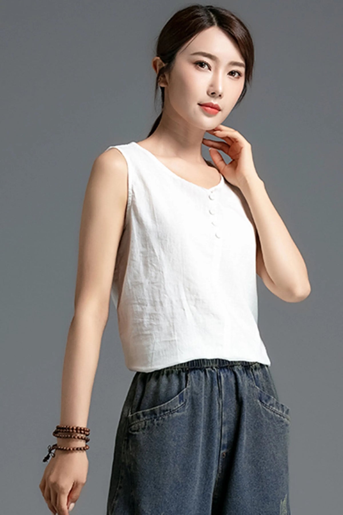Linen V-Neck Tank Top - High Low Hem Sleeveless Summer 