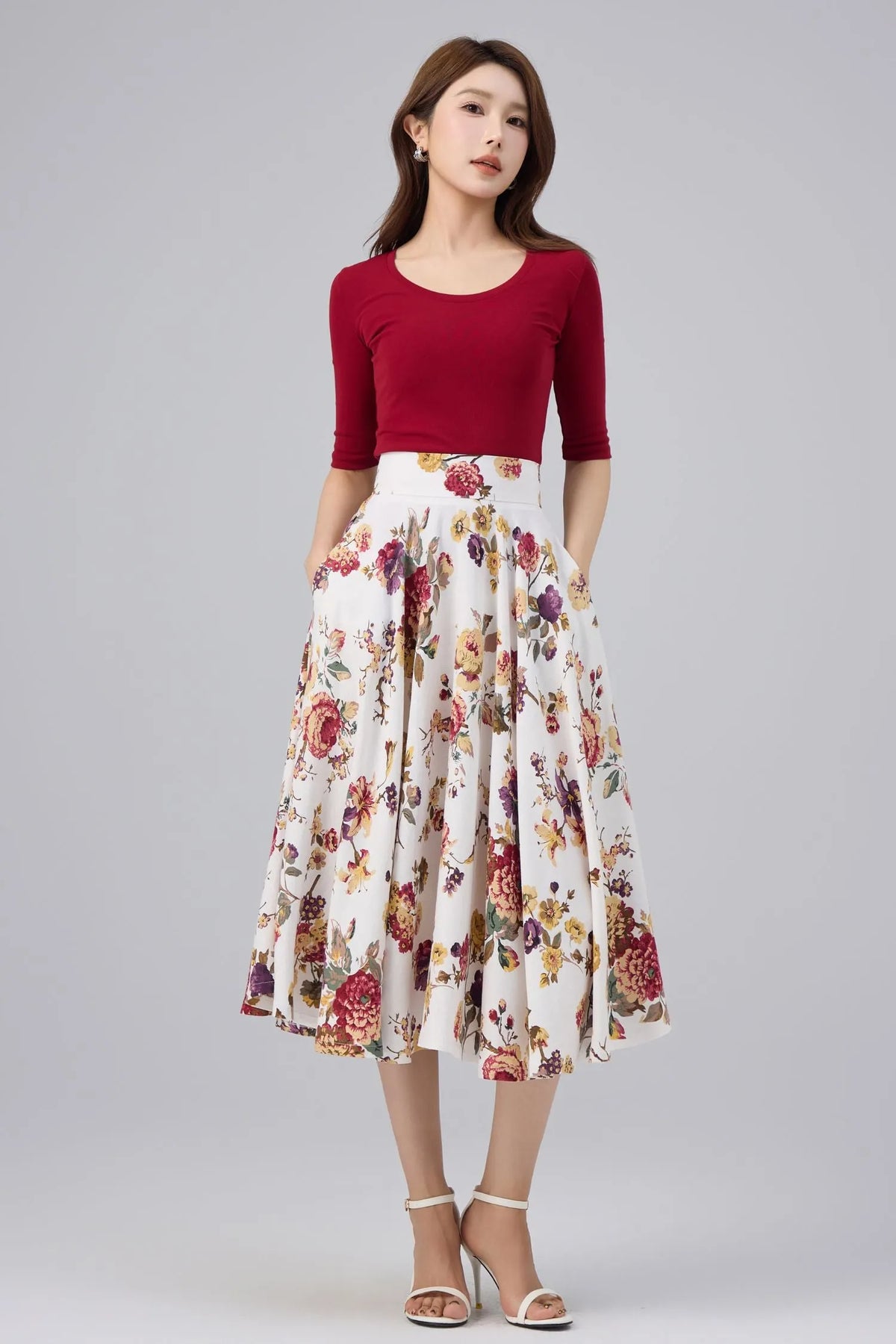 White Floral Cotton Linen Midi Skirt - High Waist, A-line Swing 