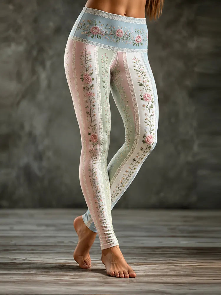 Women's Vintage Pink Floral Art Slim Fit Leggings