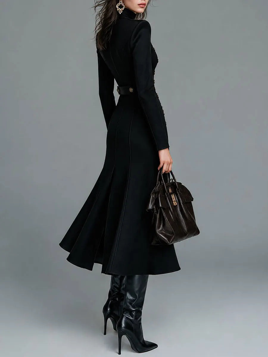 Military Style Double-Breasted Button Slit Maxi Dress