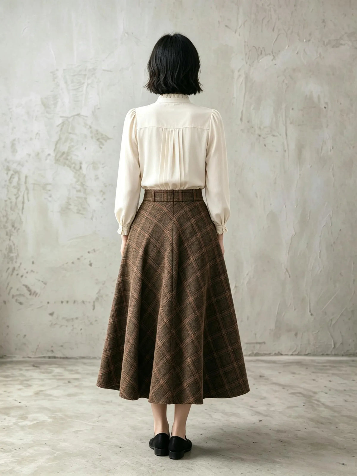 Brown Plaid Wool Blend A-Line Skirt - Vintage Ankle Length 6924
