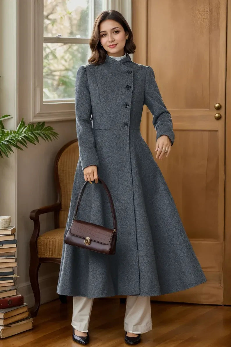 Dark Gray Wool Long Coat – Vintage A-Line Winter Overcoat with Pockets 4027