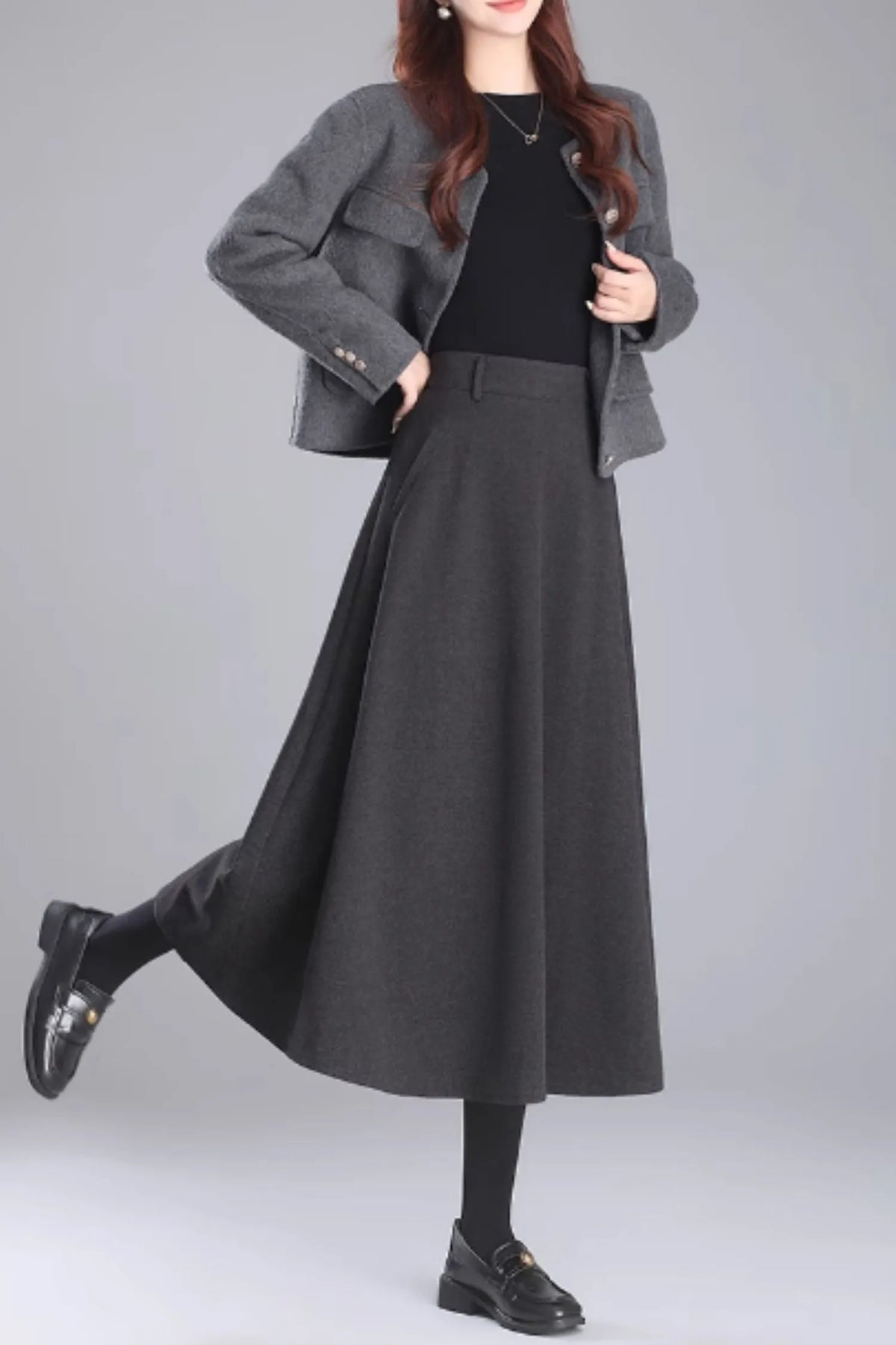 Brown Wool Midi A-Line Skirt with Pockets - Cozy Winter Style 5469