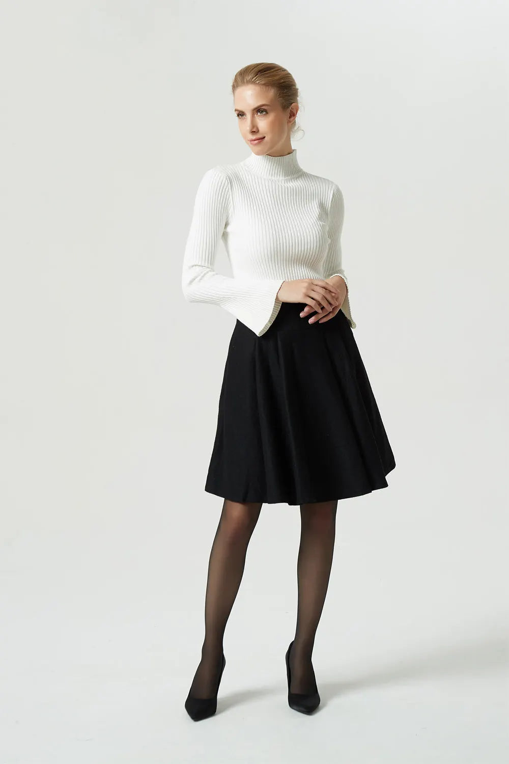 Black Wool Skater Skirt - Pleated Midi with Wide Waistband 1990