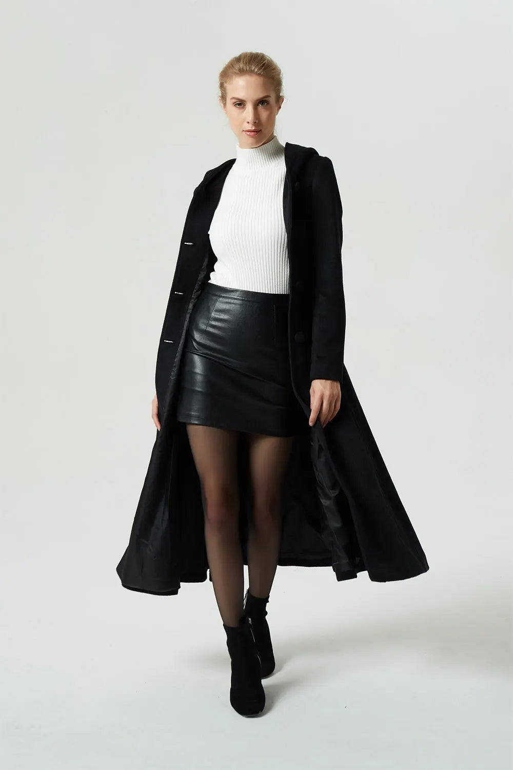 Handmade Black Wool Hooded Coat – Vintage Fit and Flare Maxi Winter Overcoat 