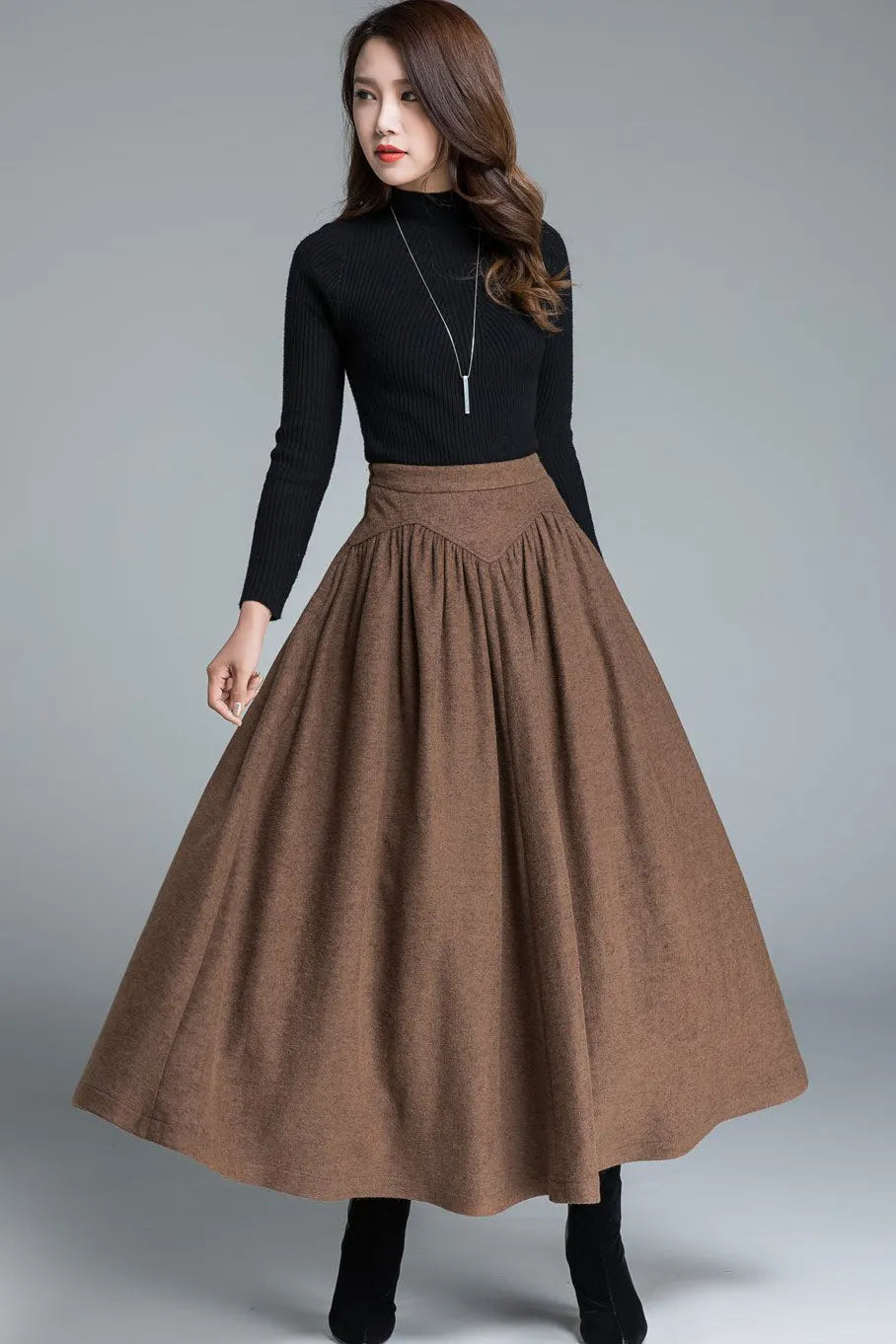 Brown Wool Maxi Skirt - Vintage High Waist A-Line Silhouette 1642