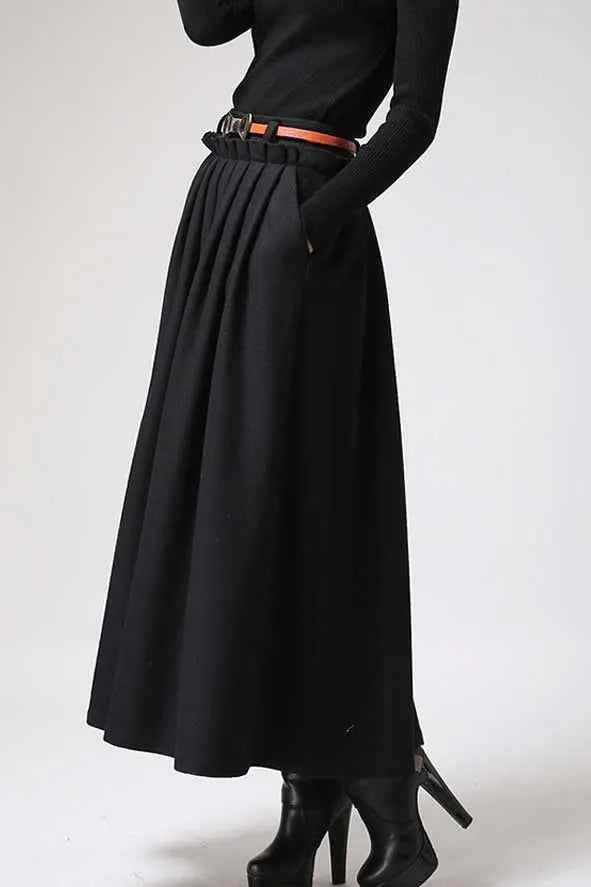 Black Wool Maxi Skirt for Women – Pleated Full-Length Winter Skirt, Handmade 0721