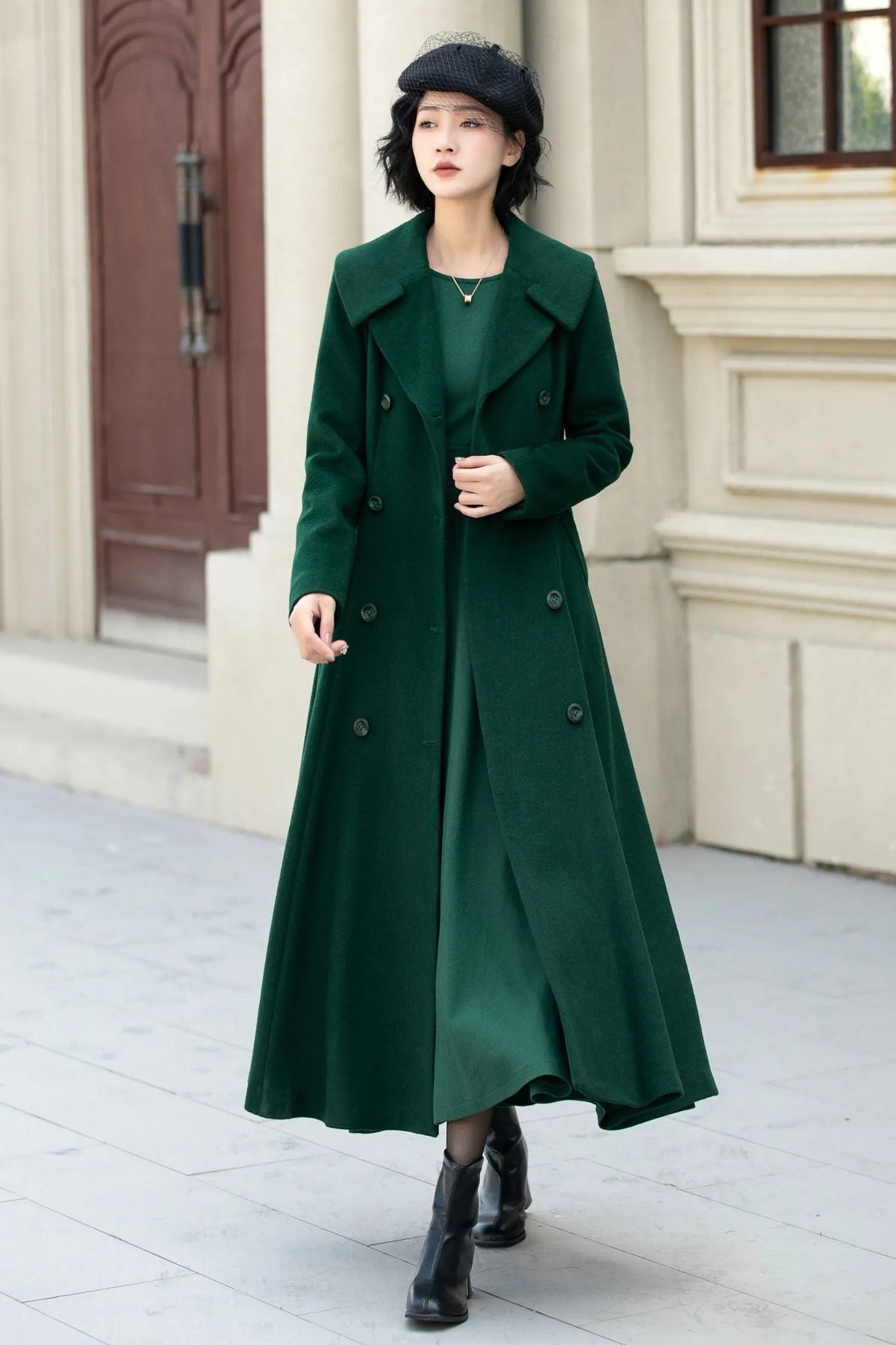 Dark Green Wool Coat - Double Breasted, A-Line Flared Silhouette 5452