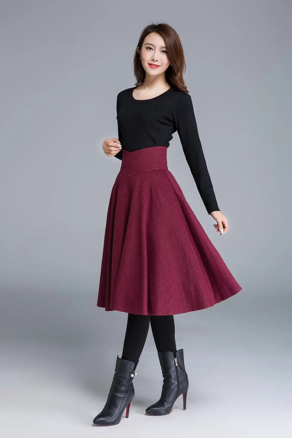 Burgundy Wool Blend Midi Skirt - High Waist Swing A-Line 1678