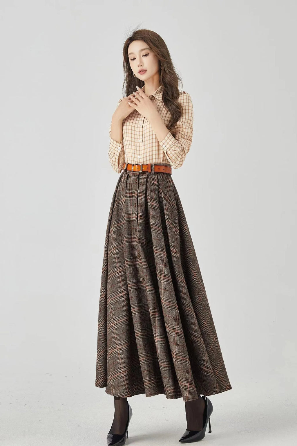 Plaid Wool A-Line Long Skirt - Flared Ankle-Length Winter Style 4536