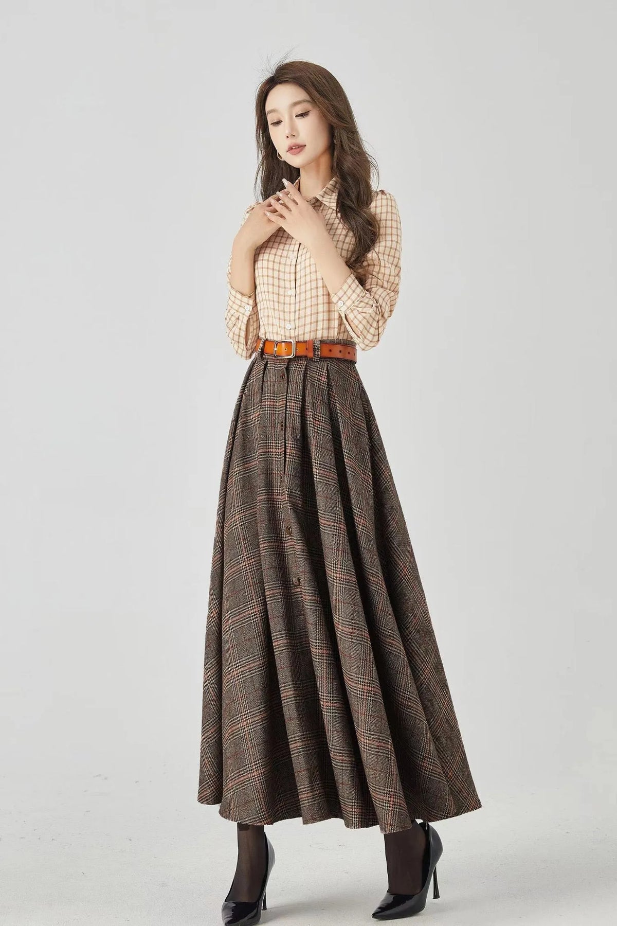 Plaid Wool A-Line Long Skirt - Flared Ankle-Length Winter Style 4536