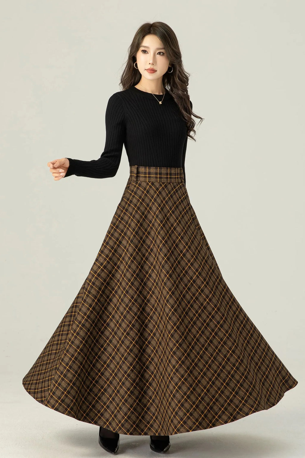 Handmade Brown Plaid Wool Maxi Skirt – High Waist Pleated Winter Long Skirt 